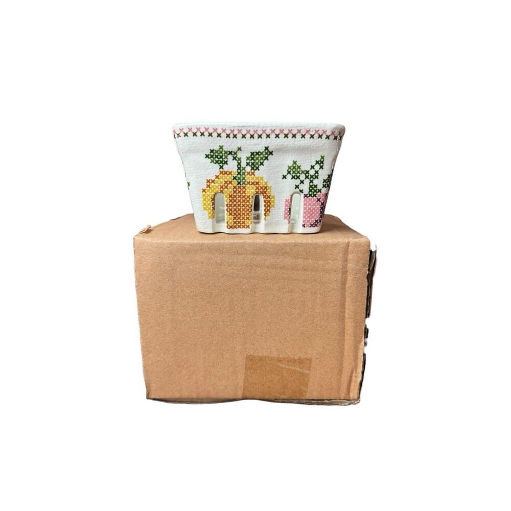 NIB Anthropologie Floral Ceramic Cross Stitch Pattern Berry Basket 4x4" Fruit